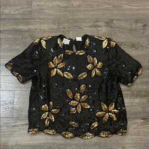 Stenay Black and Gold Sequin Blouse with scalloped detail on the bottom/sleeves